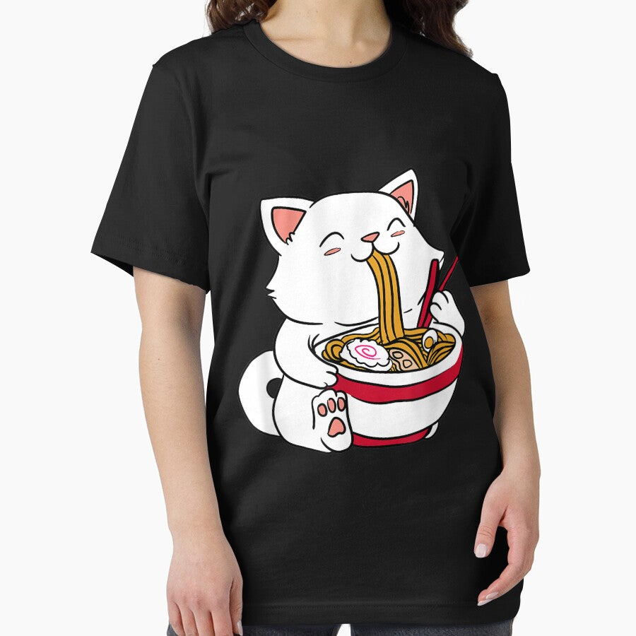 Kawaii Cat Eating Ramen Noodles Japanese Food Anime T-Shirt by Larcossee ⭐⭐⭐⭐⭐