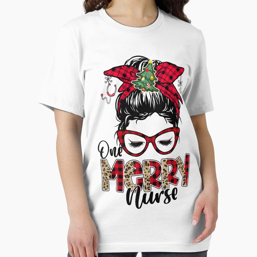 One Merry Nurse Messy Bun Tee Christmas Scrubs For Nurses by SethFrancis37