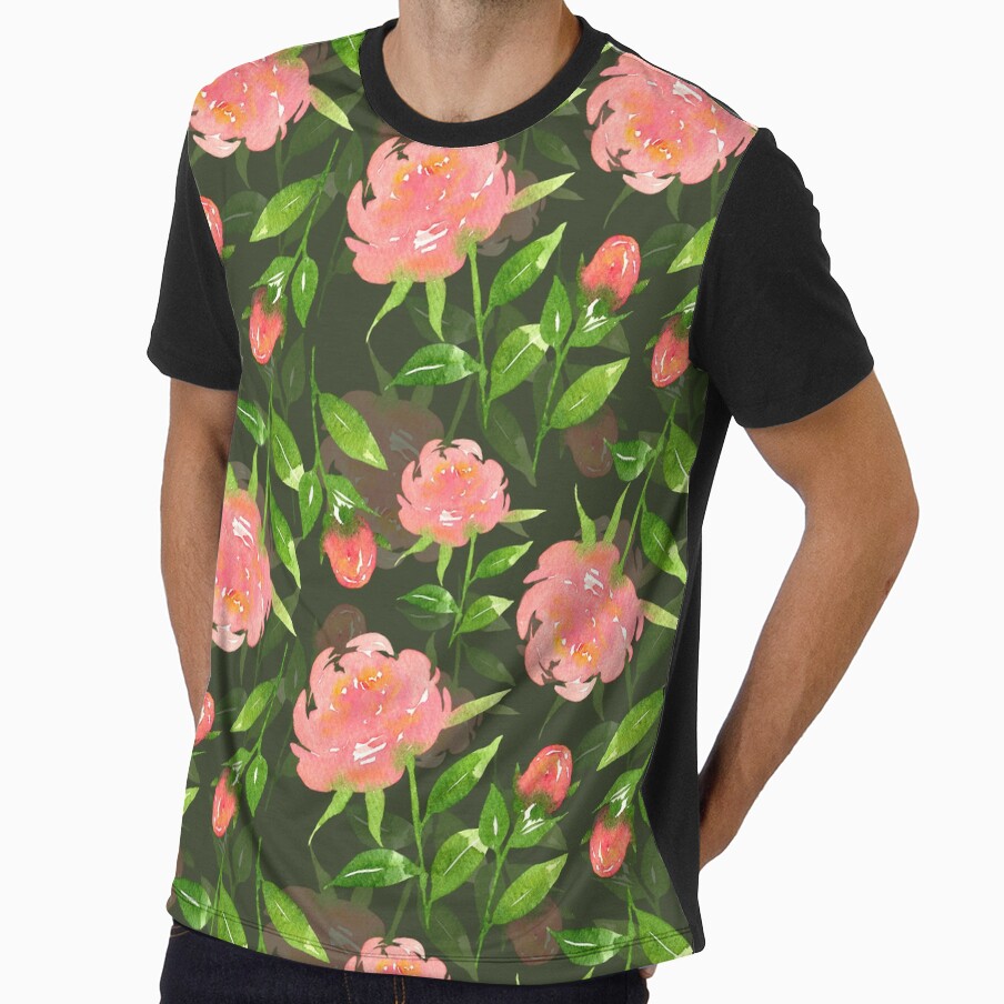 Watercolor Peonies Pattern #4 (Green Background) by andrebalest.art