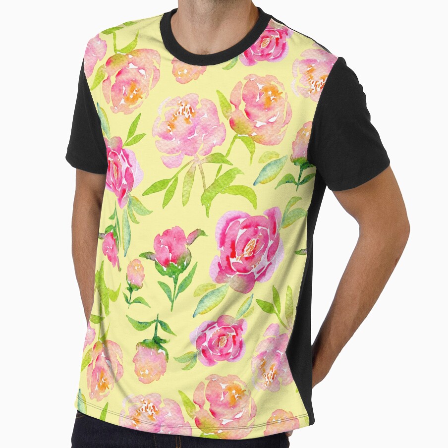 Watercolor Peonies Pattern #1 (Yellow Background) by andrebalest.art