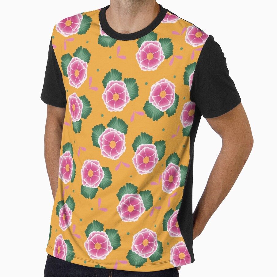 Pink Flowers Floral Pattern on Golden Yellow Background by Lavender Mint Graphics
