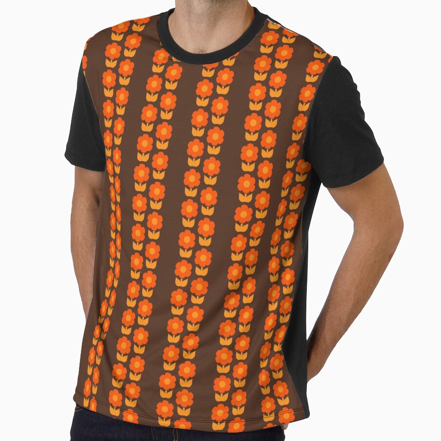 Retro 70s Floral Stripes Jonnty Flower Vertical Pattern in 1970s Brown and Orange by kierkegaard