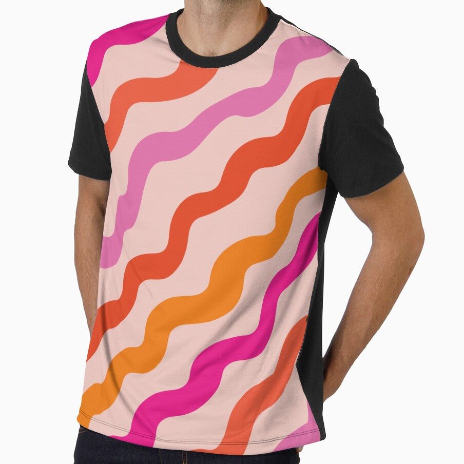 Retro 70s pink and orange groovy abstract waves pattern by Yasminepatterns