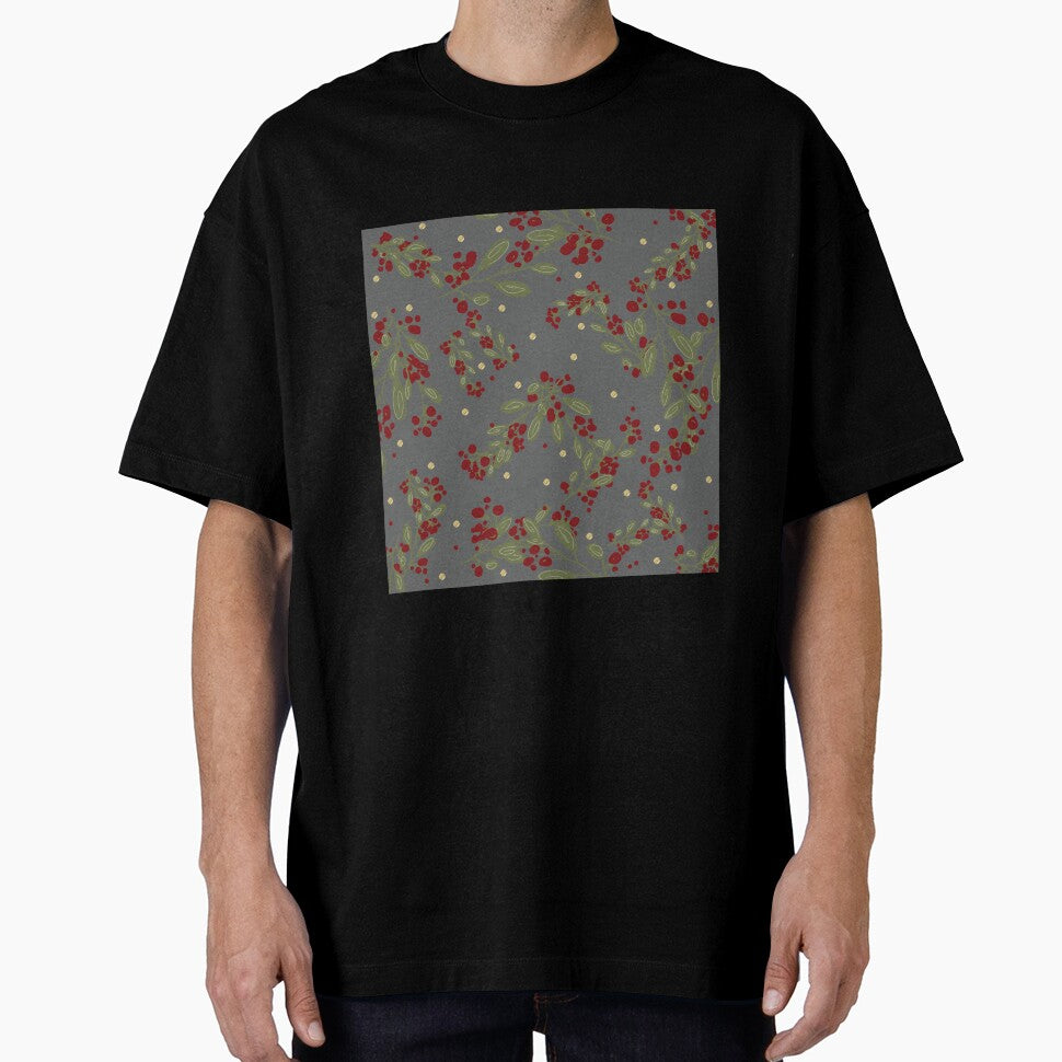 Holly Jolly Greens ;  Red Fruits & Yuletide Leaves on Grey by PrintsByAnnJ