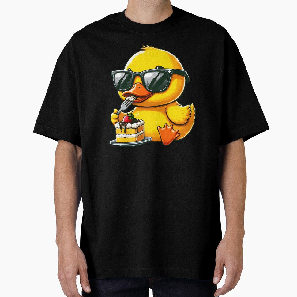 Funny Yellow Duck Eating Cake Rubber Duck Wear Sunglasses by tharika wiangkal