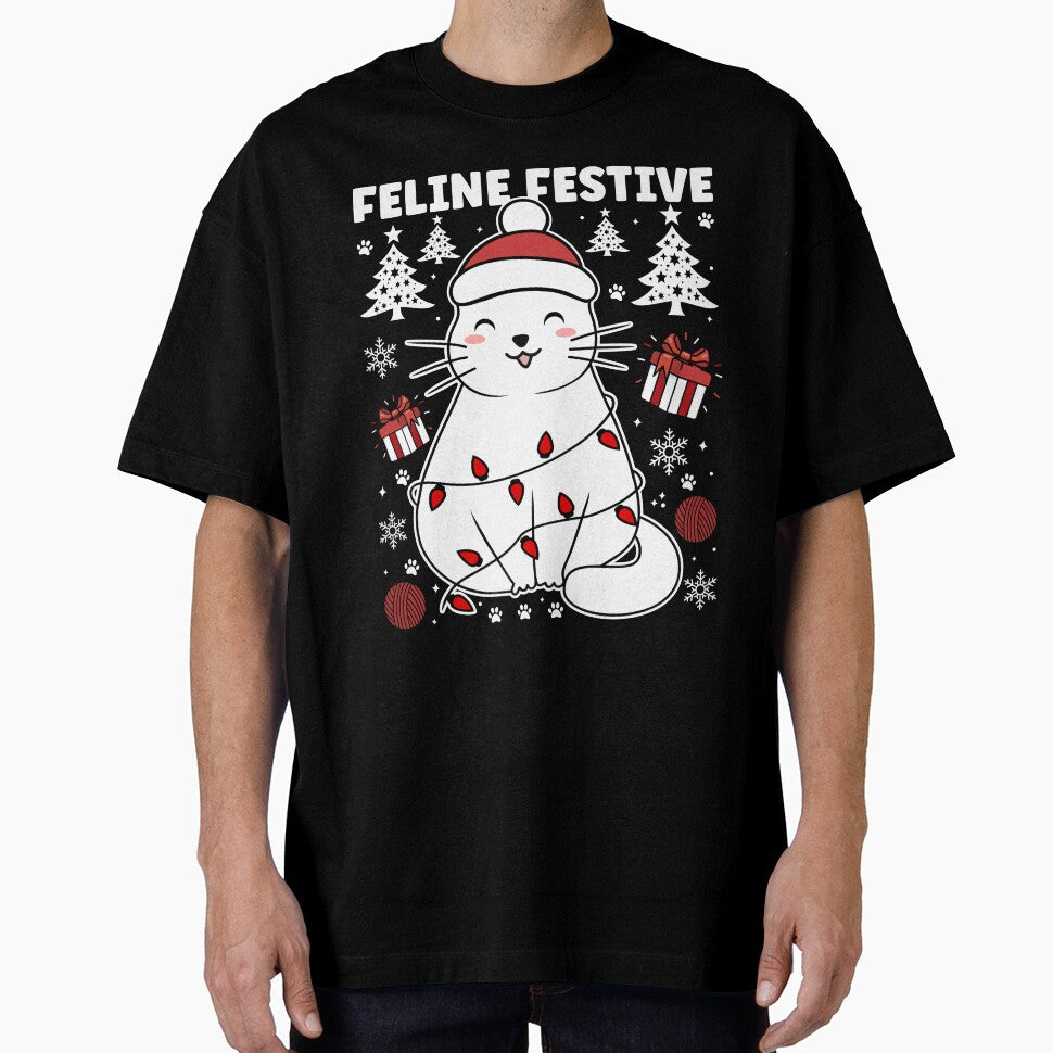 Feline Festive Happy Cat | Cute and Festive Christmas Cat Wearing Christmas Lights - Black by PearlMoonGrapes