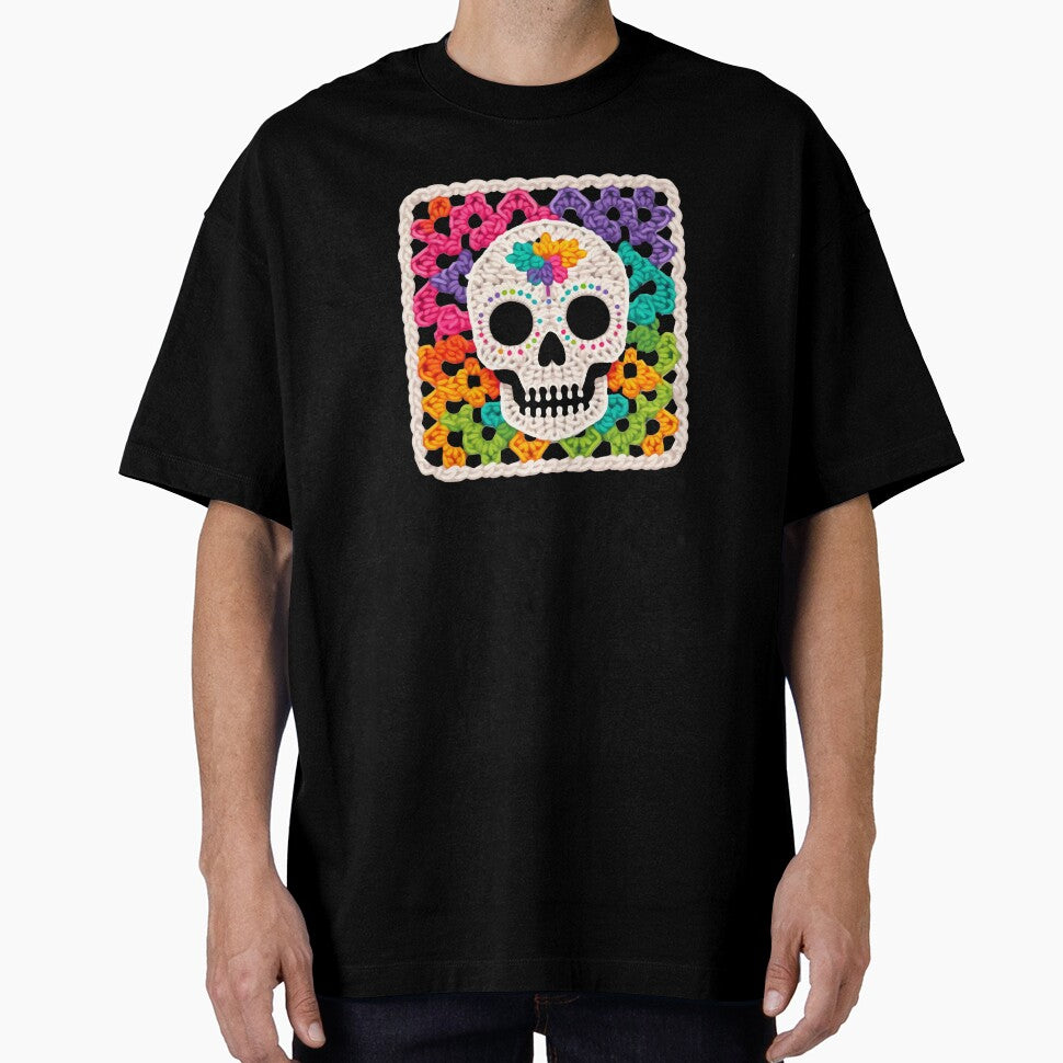A sugarskull rainbow granny square, crochet art by Fr0mtheMachine