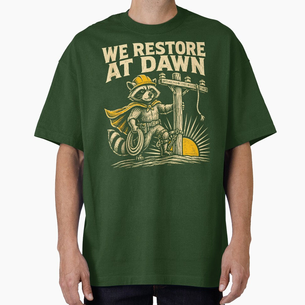 We Restore At Dawn Raccoon Lineman Hard Hat Utility Worker Fan Apparel by slmfams