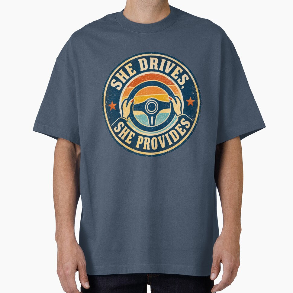 She Drives She Provides - Retro Female Trucker Driver Gift by Haque Designs