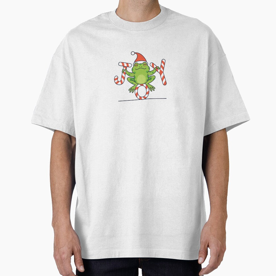 Cute Christmas Frog with Santa Hat – Joy Candy Cane Letters Holiday Illustration by Fashion Empire