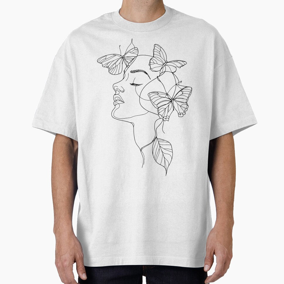 Minimalist Woman Face Line Art with Butterflies Elegant Abstract Design by meganohm