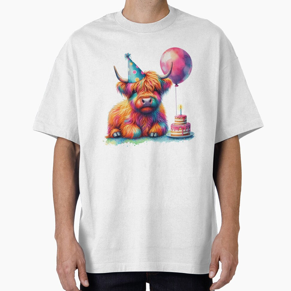 Scottish Highland Cow Calf Celebrating a Happy Birthday Colorful Watercolor by MaedK