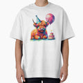 Scottish Highland Cow Calf Celebrating a Happy Birthday Colorful Watercolor by MaedK