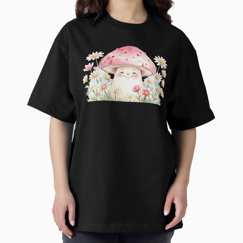 Happy Mushroom Friends - Kawaii Cottagecore Mushroom with Flowers Watercolor Art by SupernovaNote