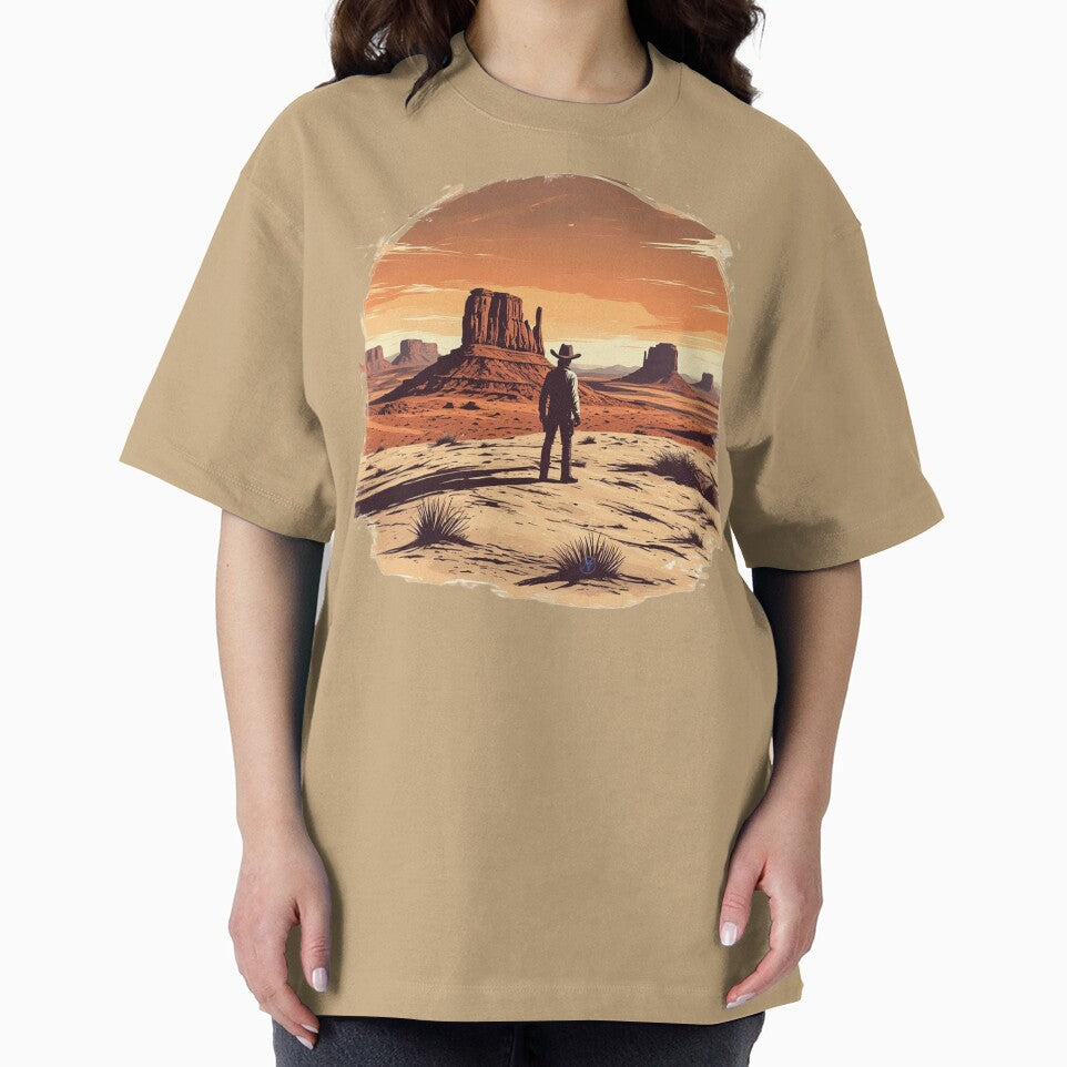 Lone Cowboy in the Wild West Desert – Vintage Western Landscape by NegarTv Designs by NegarTv Designs