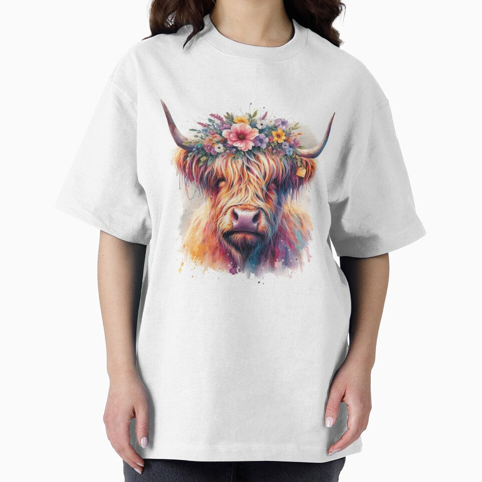 Scottish Highland Cow Wearing a Crown of Flowers Colorful Watercolor by MaedK