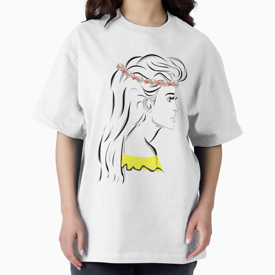 Line art pretty girl with long hair and eyelashes wearing hot yellow off shoulder dress and flowers pearl crown by SGS-