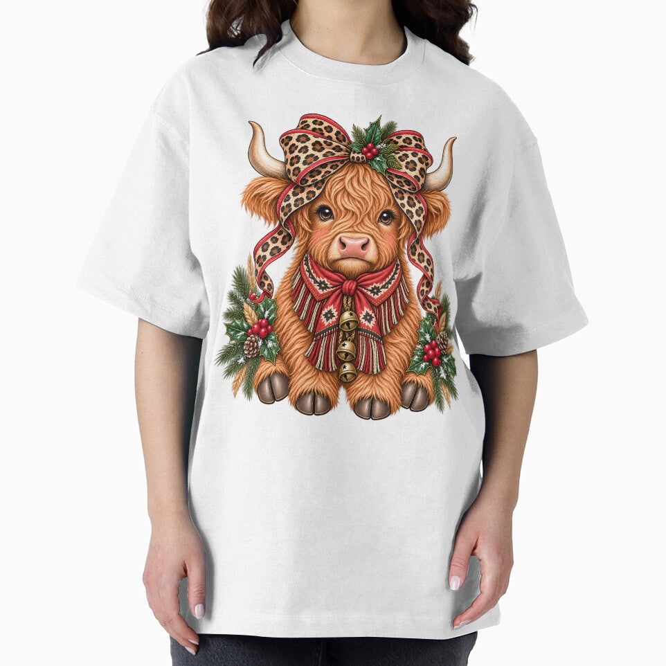 Highland Cow Christmas Shirt, Western Cowgirl Tee, Vintage Christmas T-Shirt, Leopard Bow Cow, Rustic Farmhouse Holiday Gift by Vireltoo