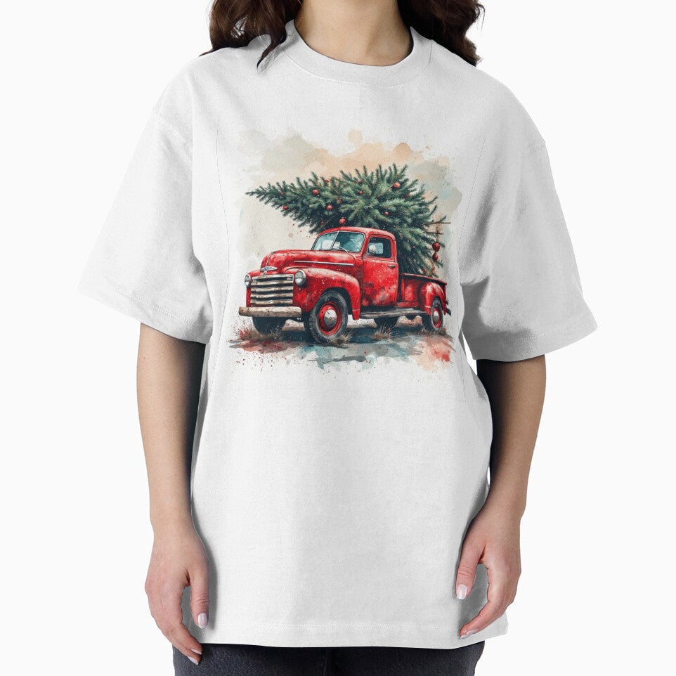 Vintage Christmas Truck Art – Red Pickup with Tree Watercolor Holiday Illustration by infocart
