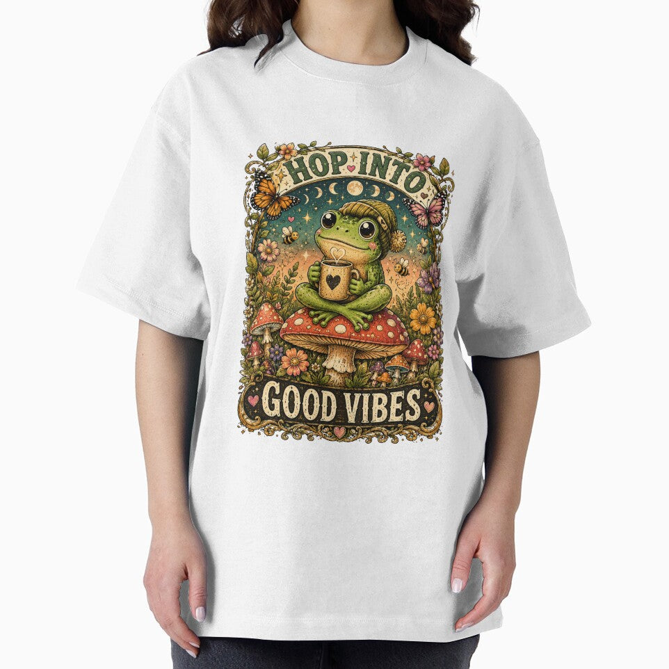 Hop Into Good Vibes Cute Frog with Coffee Cottagecore Vintage Nature T-Shirt Design by MMK1SHOP
