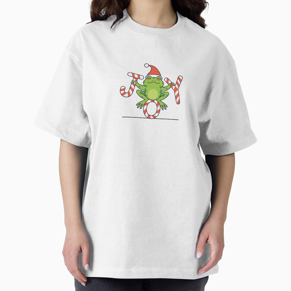 Cute Christmas Frog with Santa Hat – Joy Candy Cane Letters Holiday Illustration by Fashion Empire