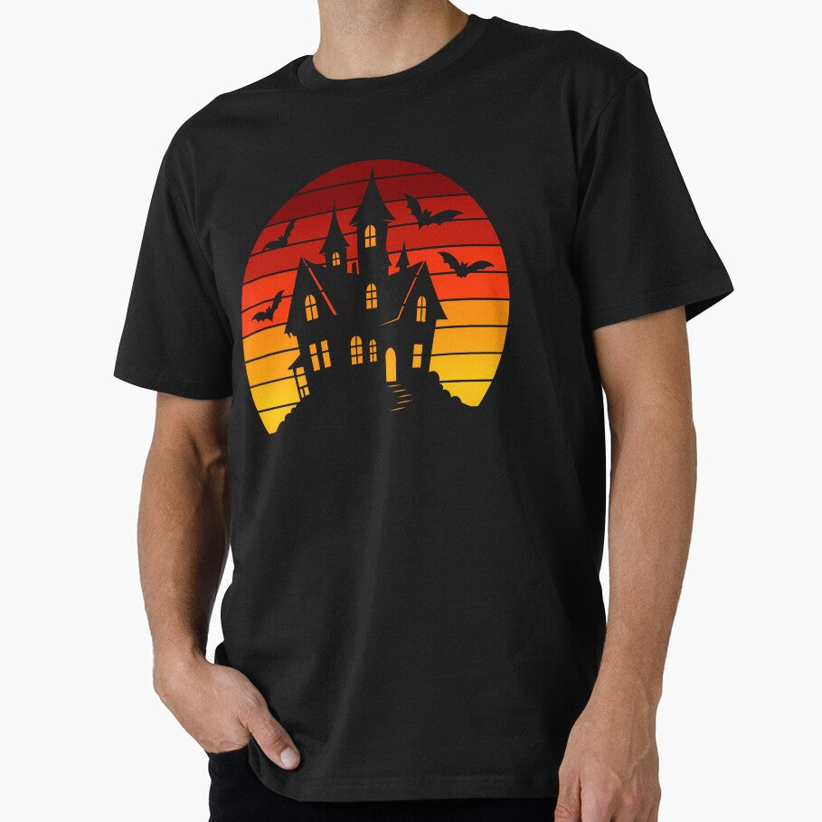 Retro Haunted House Sunset Art – Spooky Halloween Design V1 by Stinky Lincy's Apparel Company