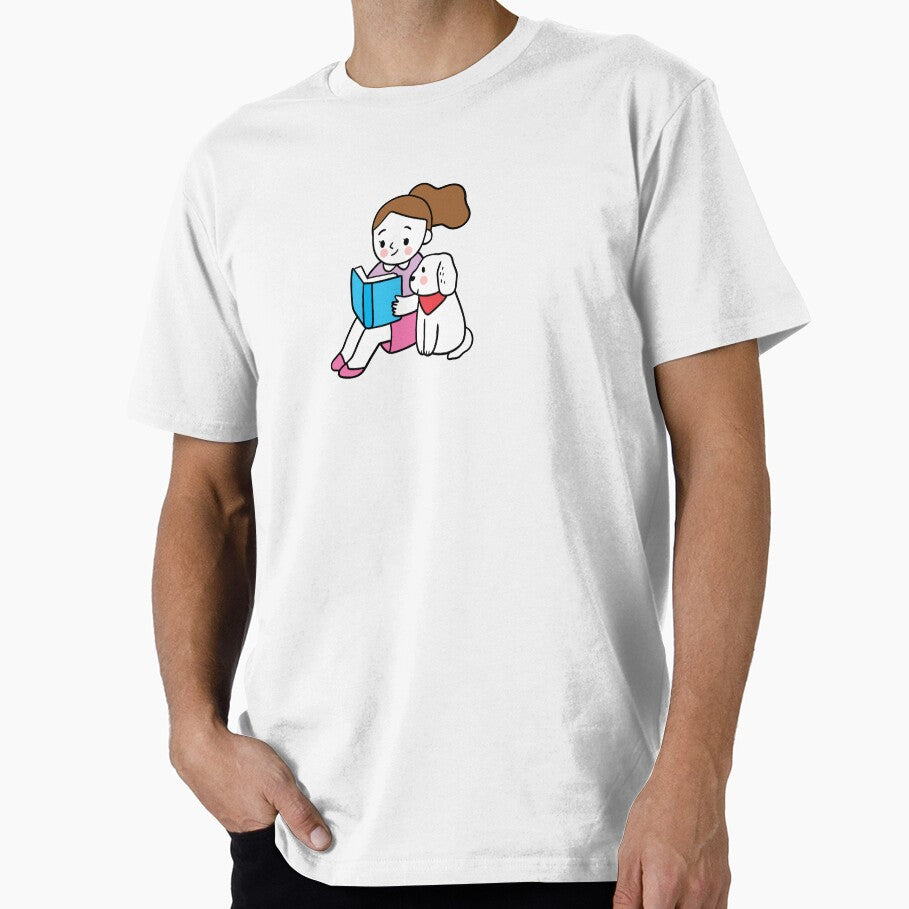Dog and Girl Cute Sticker – Cute Dog Reading Sticker, T-Shirt, Tote by ELLIE COLE CO.