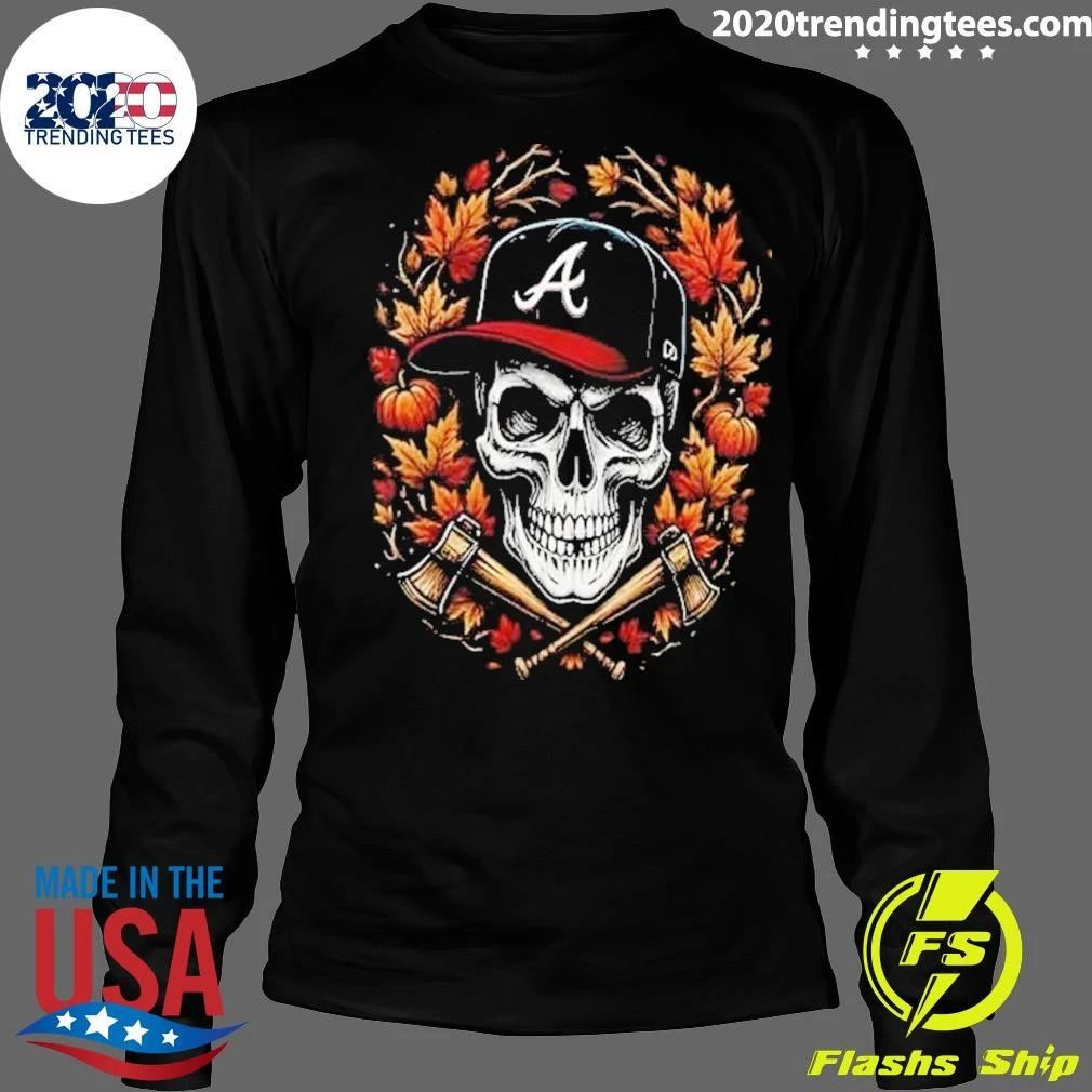 Atlanta Braves Maple Leaves Skull crossed Bats Baseballs Halloween Shirt