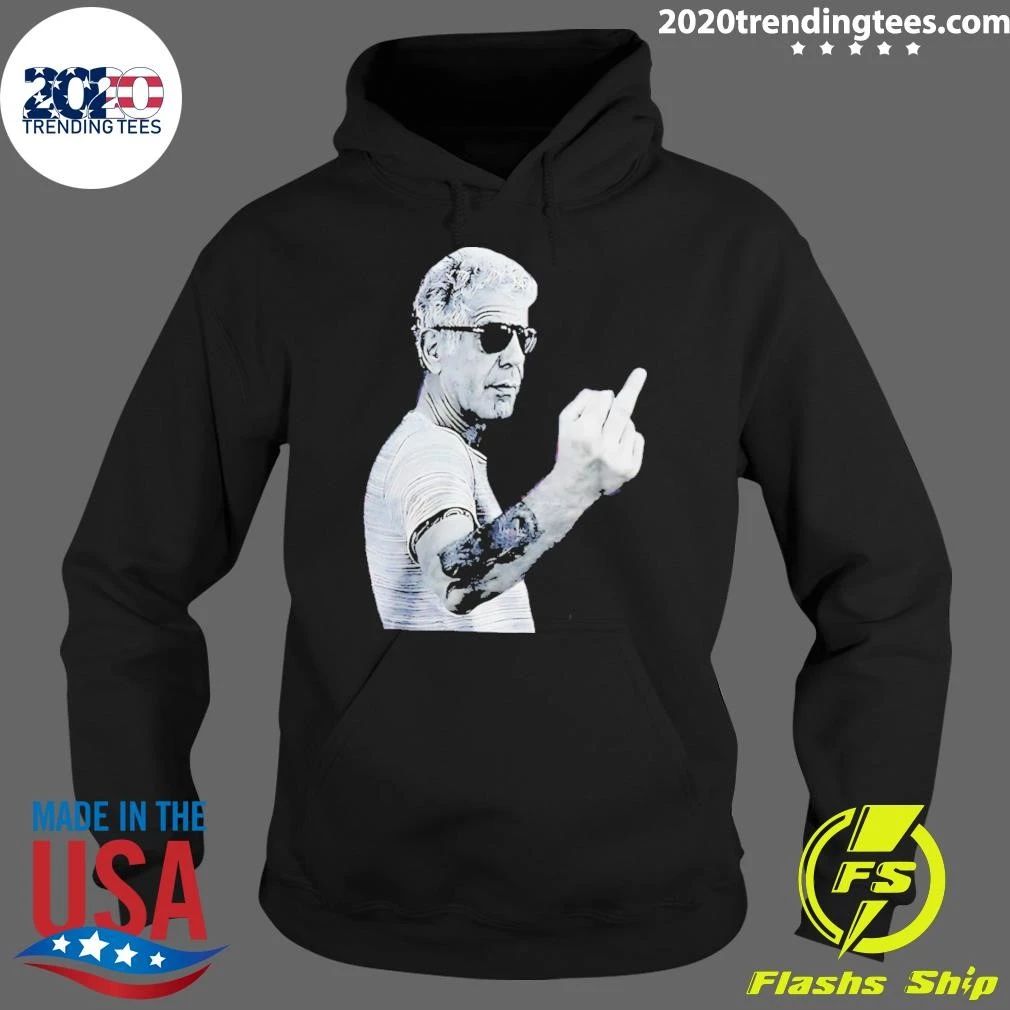 Anthony Bourdain Wearing Glass Middle Finger Shirt